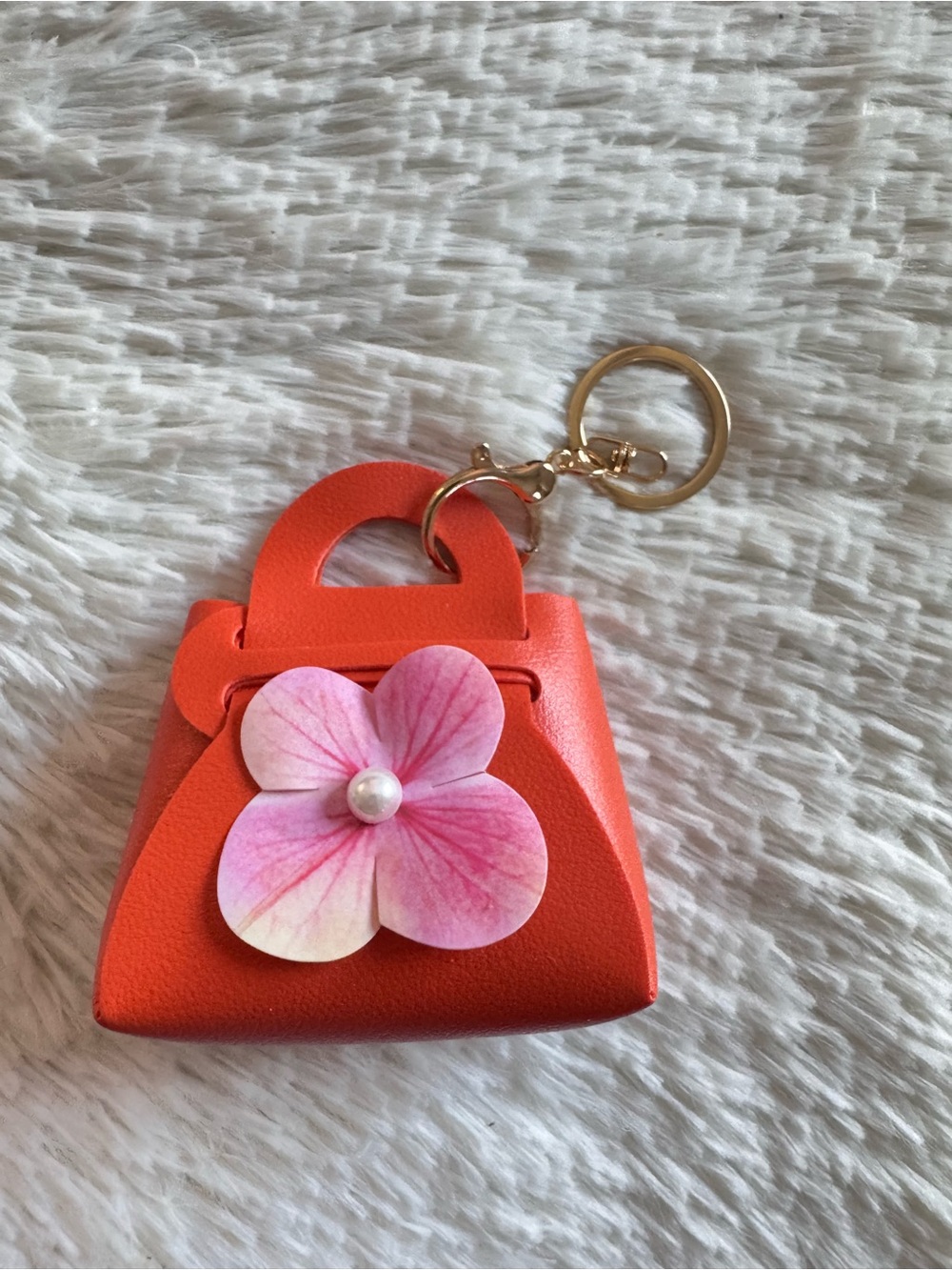 Orange Mini Handbag Key Charm with Pink Flower Accent